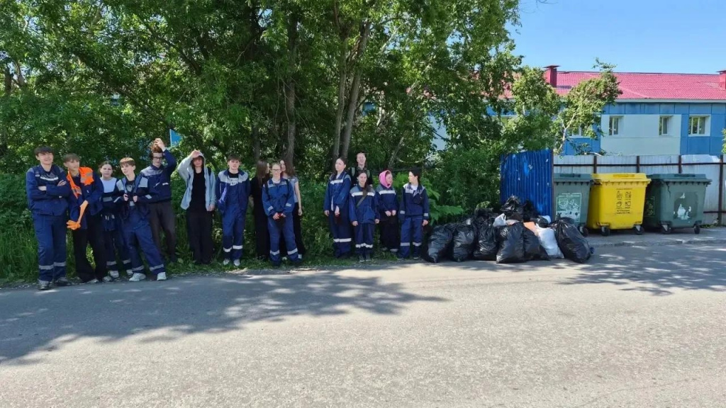 ребята из трудовых отрядов собирают мусор ребята из трудовых отрядов собирают мусор